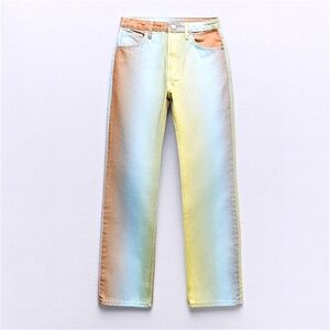 Zara Lime Glam LE high rise straight leg distressed rainbow denim jeans Ws 6 New